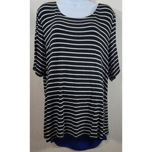 Misia Black White Stripe Blue Back Panel Insert Top 3X Plus Lightweight Flowy